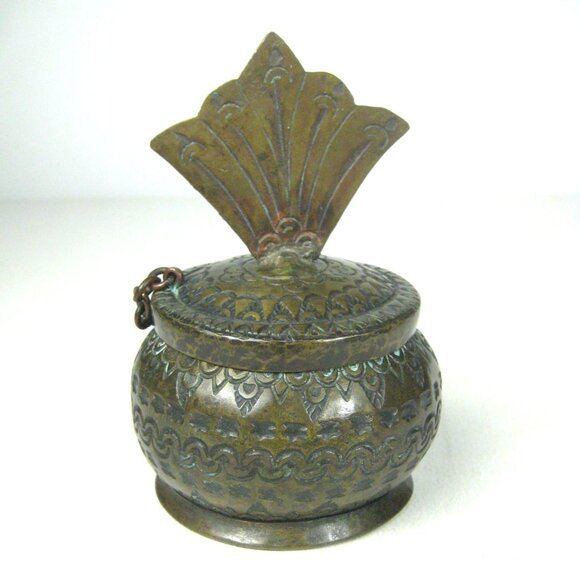 Vintage Brass Ornate Hinged Lidded Container Fan Handle Geometric Pattern - Picture 1 of 10